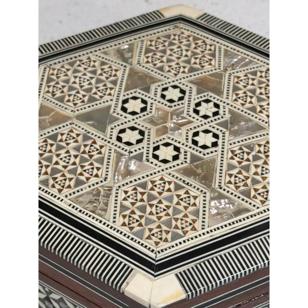 Vintage hexagonal trinket box jewelry box mother-of-pearl mosaic inlay